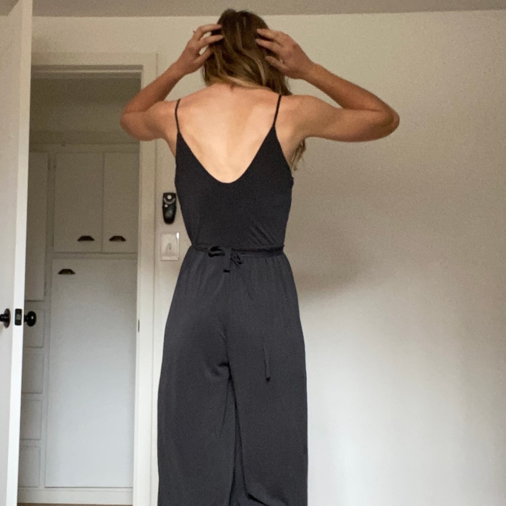 Black crossover jumpsuit cropped wide leg